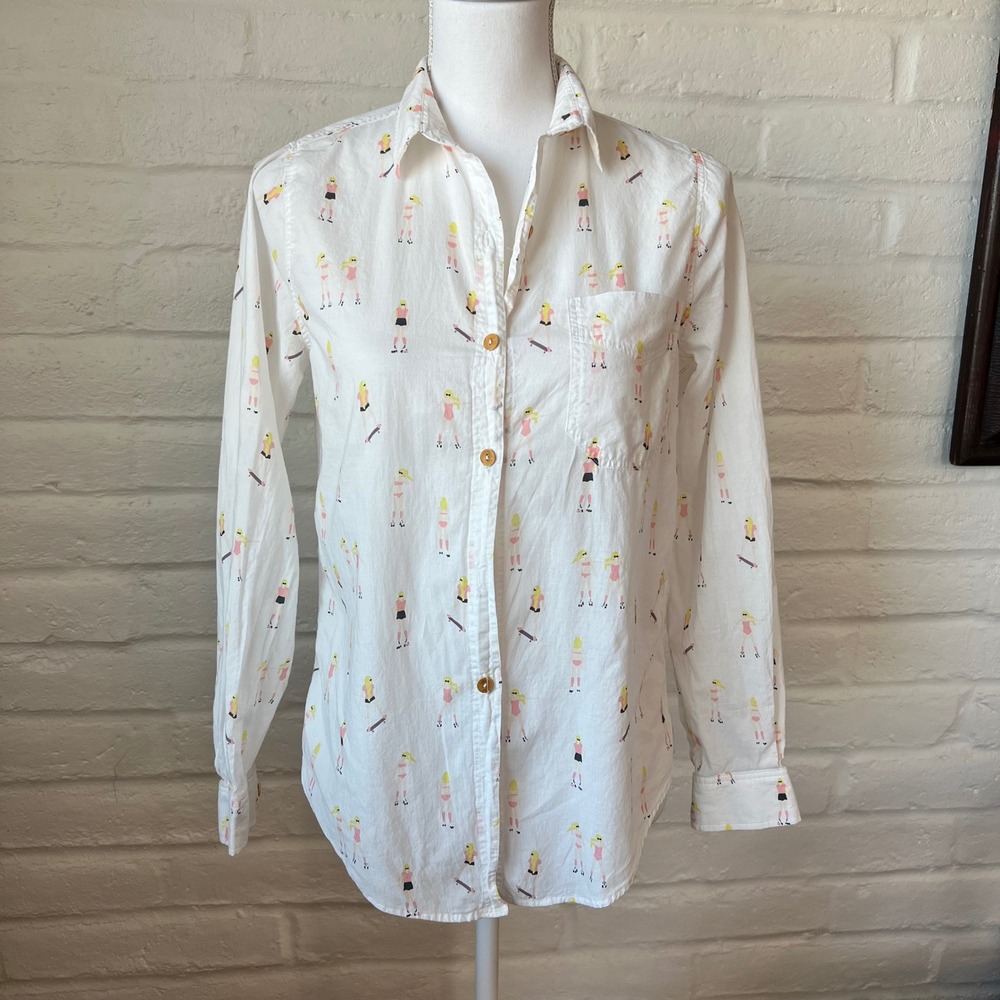 Acote Womens White Cotton Skateboard Roller Skate Print Button Down Shirt Small